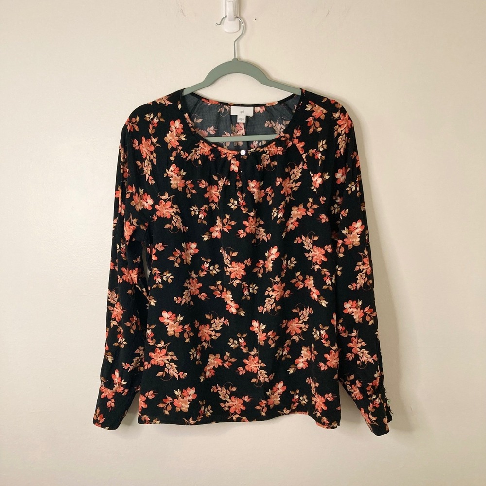 J. Jill Boho Cottagecore Floral Keyhole Blouse Rayon Black Long Sleeve M Office